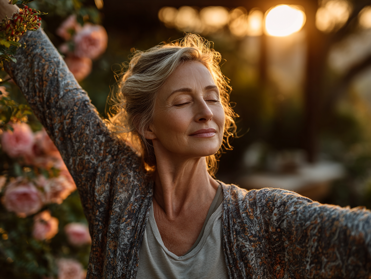 Жінка в зрілому віці виконує йогу на природі