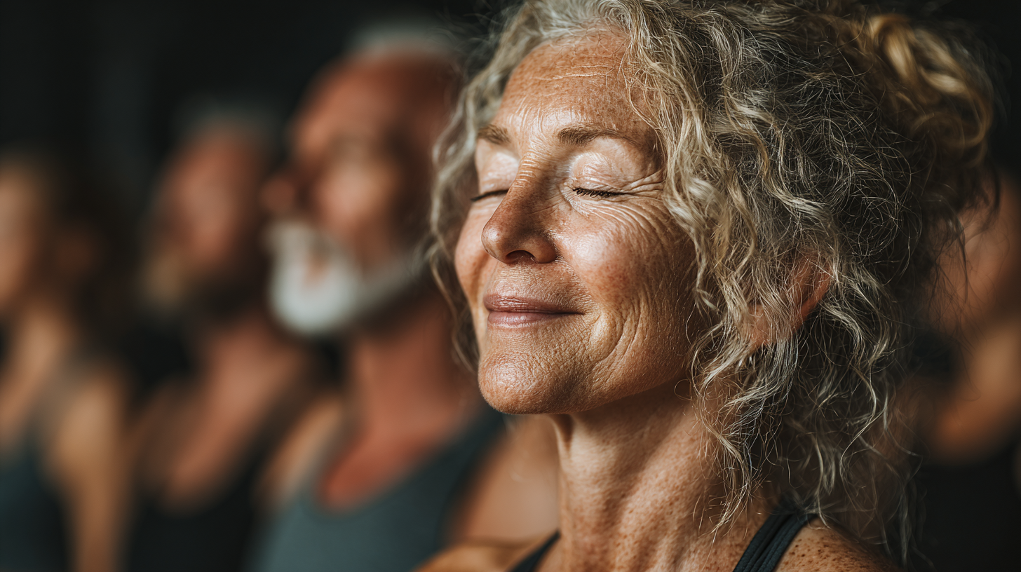 Група людей зрілого віку під час йоги на свіжому повітрі